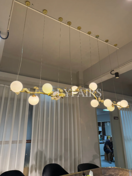 Luxury Linear Brass Branches Chandelier with White Globe Glass