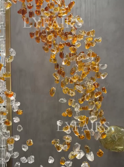 Modern Cascading Spiral Orange Glazed Glass Stone Chandelier for High Ceiling