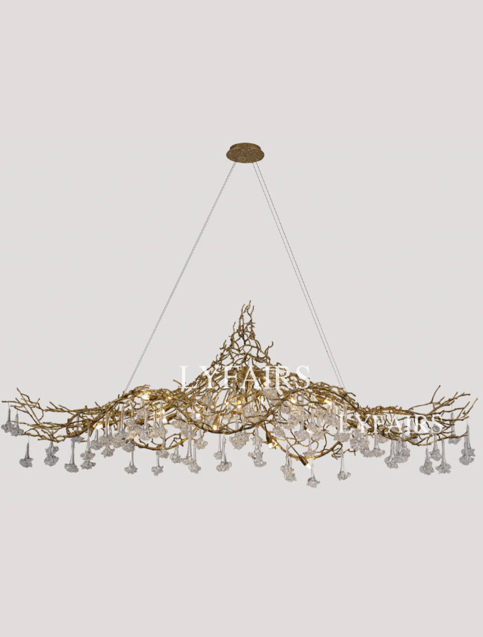 Nature-inspired Brass Tree Chandelier with Glazed Glass Flowers