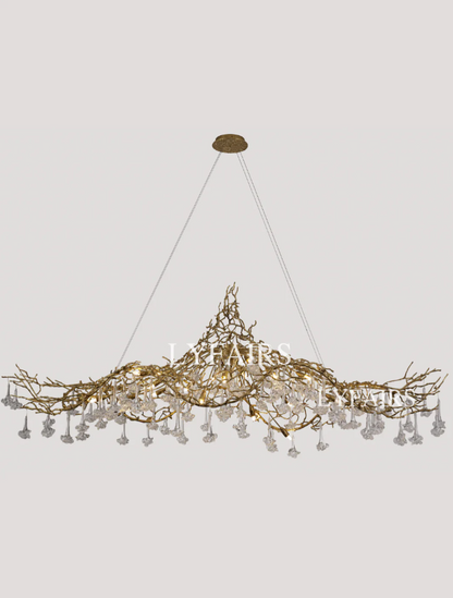 Nature-inspired Brass Tree Chandelier with Glazed Glass Flowers