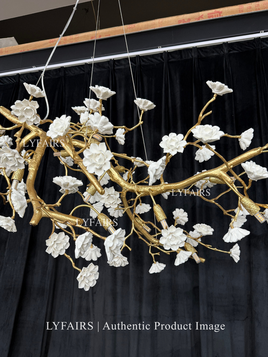 Post-Modern Art Brass and Ceramics Flower Pendant Branch Chandelier for Living/Dining Room