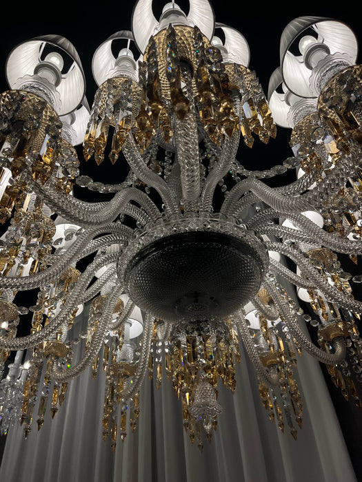 Lampadario di lusso classico a più livelli con paralume in cristallo giallo e candela, grande e luminoso, per stanze con soffitti alti/soggiorno