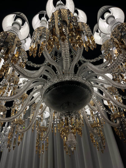 Lampadario di lusso classico a più livelli con paralume in cristallo giallo e candela, grande e luminoso, per stanze con soffitti alti/soggiorno