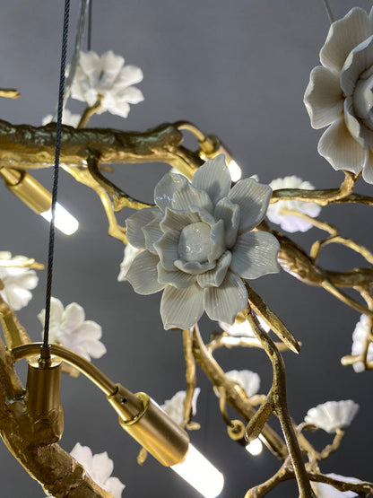 Post-Modern Art Brass and Ceramics Flower Pendant Branch Chandelier for Living/Dining Room