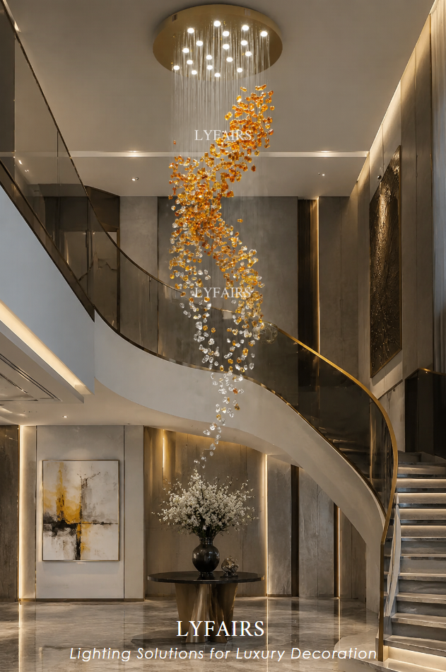 Modern Cascading Spiral Orange Glazed Glass Stone Chandelier for High Ceiling