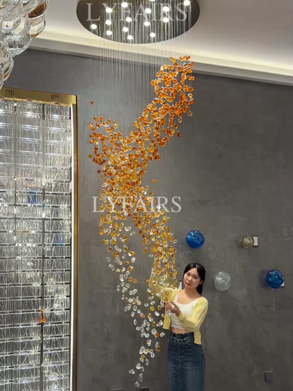 Modern Cascading Spiral Orange Glazed Glass Stone Chandelier for High Ceiling