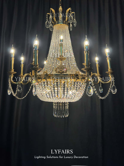 Lustre décoratif en cristal style empire, luminaire décoratif de plafond, idéal pour un salon, un hall d'entrée ou un salon, finition cuivre pur, 8/12/15