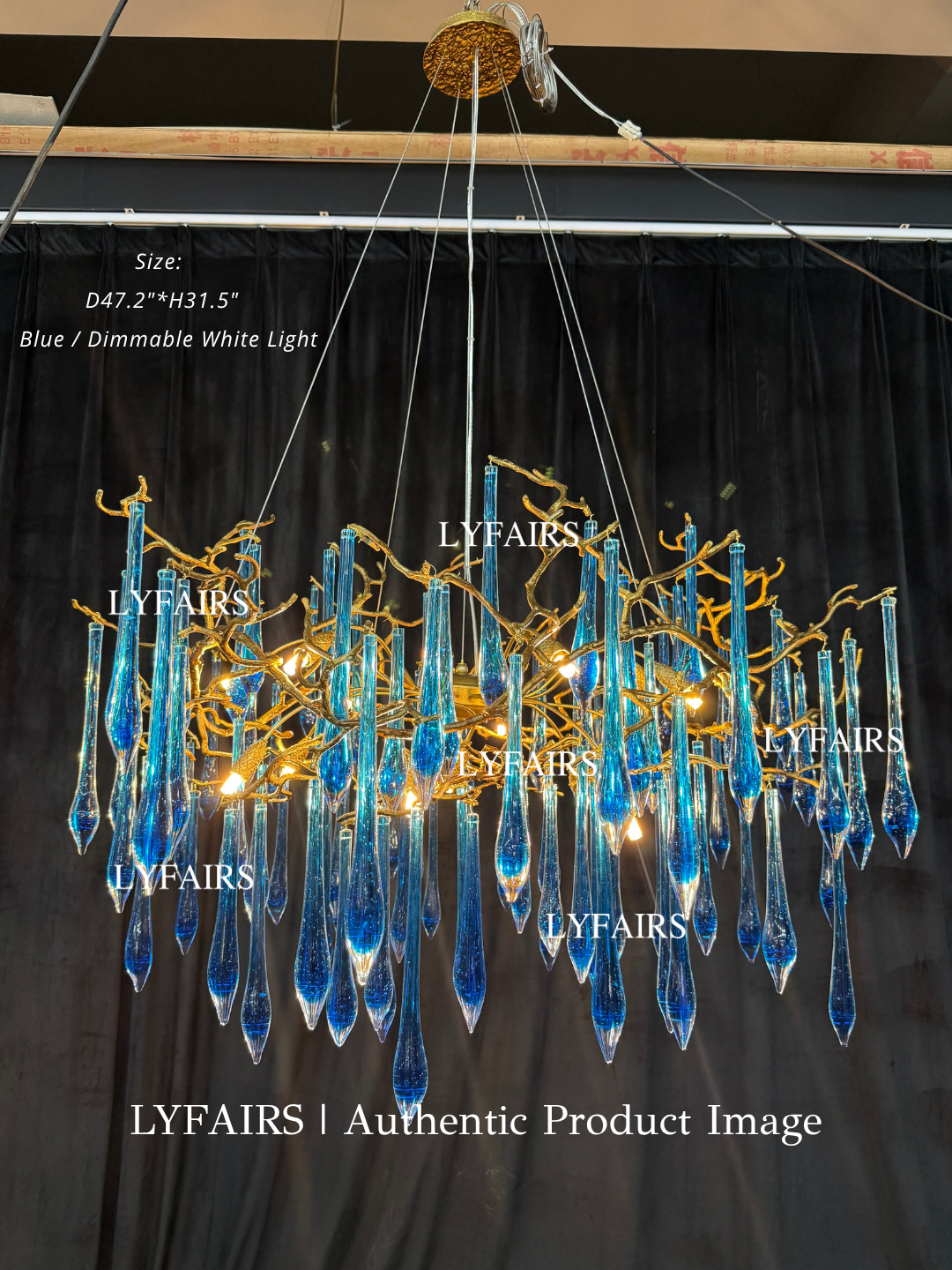 Lustre élégant en laiton émaillé bleu, style branche, luminaire suspendu pour salon/salle à manger