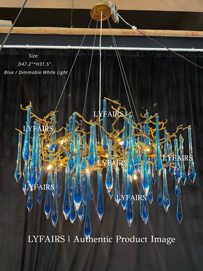 Lustre élégant en laiton émaillé bleu, style branche, luminaire suspendu pour salon/salle à manger