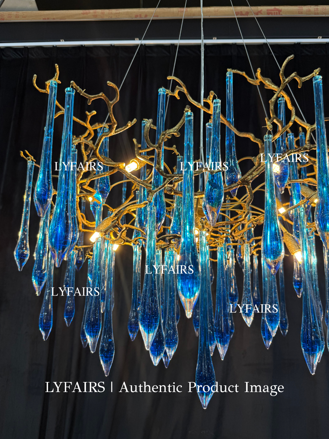 Lustre élégant en laiton émaillé bleu, style branche, luminaire suspendu pour salon/salle à manger