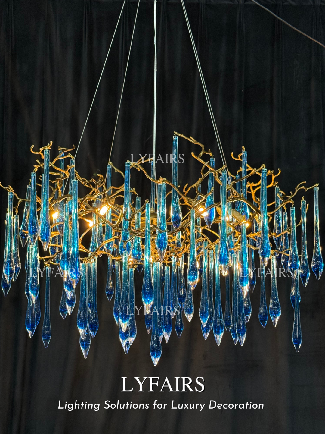 Lustre élégant en laiton émaillé bleu, style branche, luminaire suspendu pour salon/salle à manger