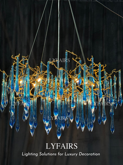 Lustre élégant en laiton émaillé bleu, style branche, luminaire suspendu pour salon/salle à manger
