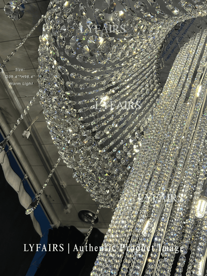 Extra Large Flush Mount Silver Waterfall Luxury Ceiling Crystal Chandelier for High-ceiling Living Room/Duplex Hall