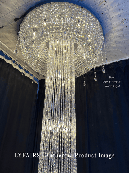 Extra Large Flush Mount Silver Waterfall Luxury Ceiling Crystal Chandelier for High-ceiling Living Room/Duplex Hall
