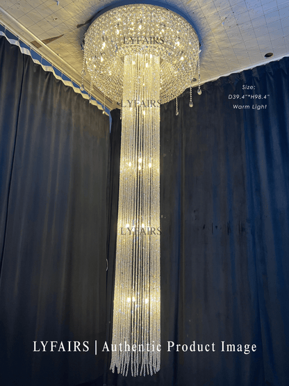 Extra Large Flush Mount Silver Waterfall Luxury Ceiling Crystal Chandelier for High-ceiling Living Room/Duplex Hall
