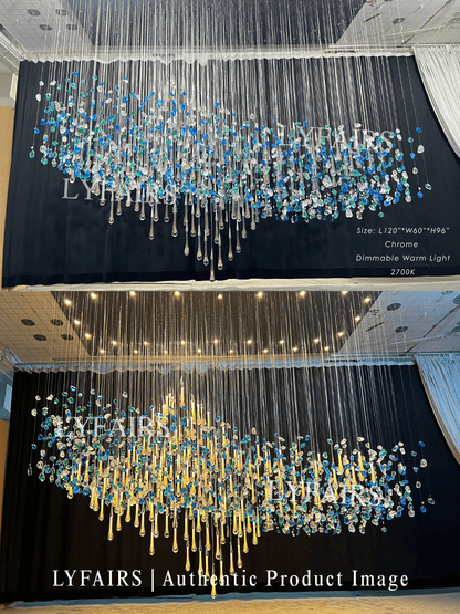 Lustre en cristal flottant extra large en forme de goutte de pluie colorée pour hôtel/restaurant/villa