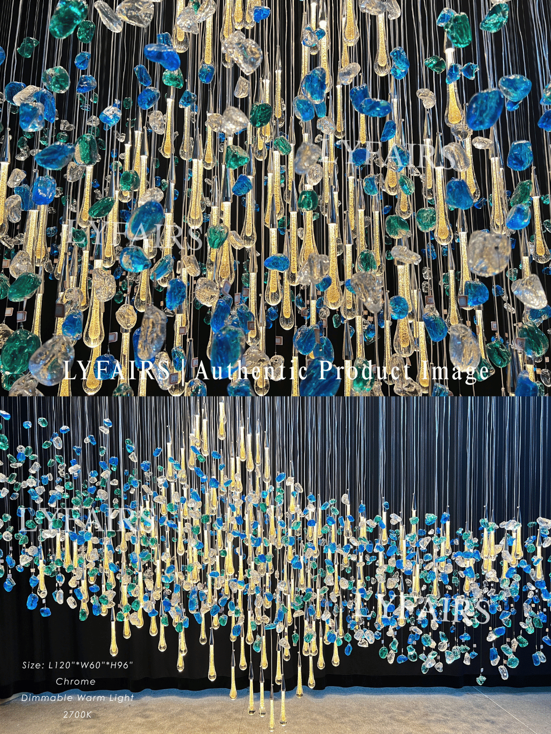 Lustre en cristal flottant extra large en forme de goutte de pluie colorée pour hôtel/restaurant/villa