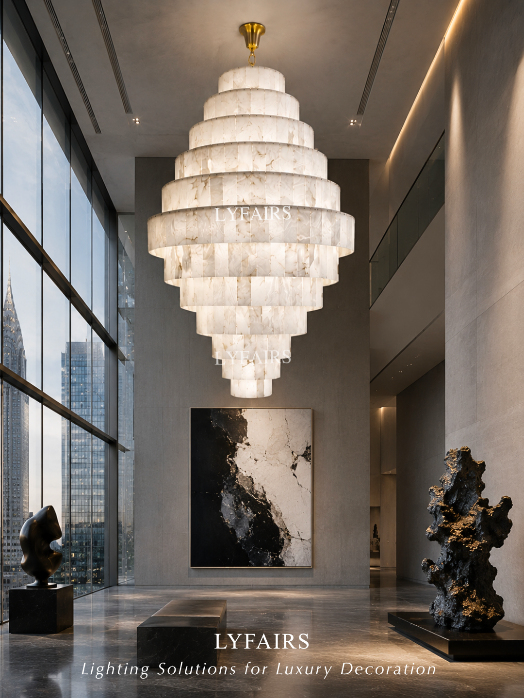Luxury Sculpted Pyramid-Tier Alabaster Chandelier for High Ceilings