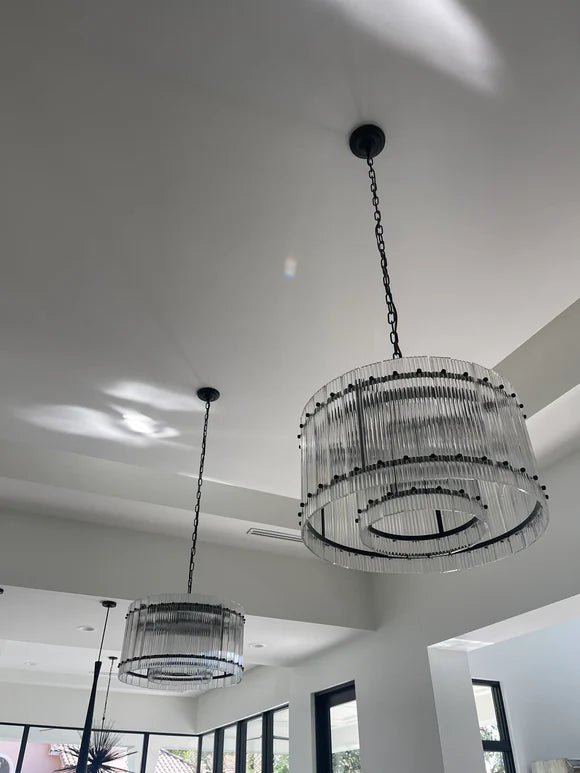 Lustre moderne à un niveau, rond et fait main, avec panneaux en verre cannelé
