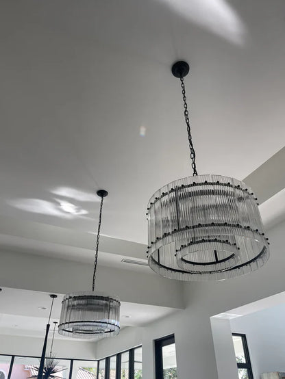 Lustre moderne à un niveau, rond et fait main, avec panneaux en verre cannelé