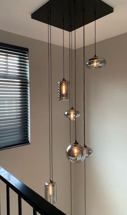 Modern Smoke Gray Glass Pendant Light Fixture Chandelier For 2 Story Foyer/Entryway/Staircase