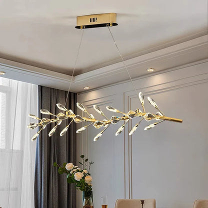 Modern Linear Branch Crystal Leaves Chandelier for Dining Room/Kitchen Island