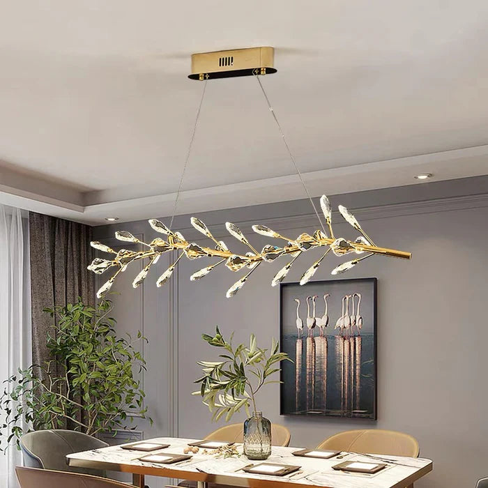 Modern Linear Branch Crystal Leaves Chandelier for Dining Room/Kitchen Island