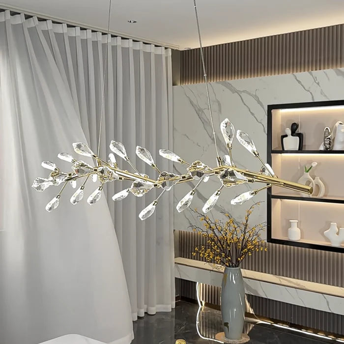 Modern Linear Branch Crystal Leaves Chandelier for Dining Room/Kitchen Island