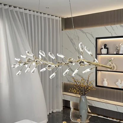 Modern Linear Branch Crystal Leaves Chandelier for Dining Room/Kitchen Island