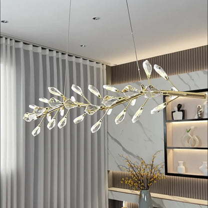 Modern Linear Branch Crystal Leaves Chandelier for Dining Room/Kitchen Island