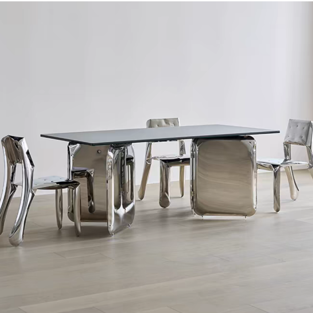 Table à manger rectangulaire moderne en pierre avec pieds en acier inoxydable