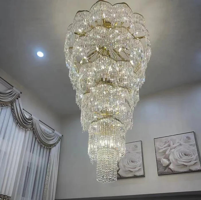 Lampadario di cristallo dorato di lusso europeo di grandi dimensioni a più strati per villa/soffitto alto/ingresso