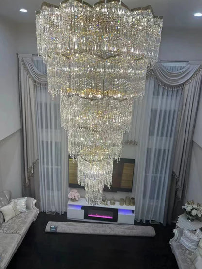 Lampadario di cristallo dorato di lusso europeo di grandi dimensioni a più strati per villa/soffitto alto/ingresso