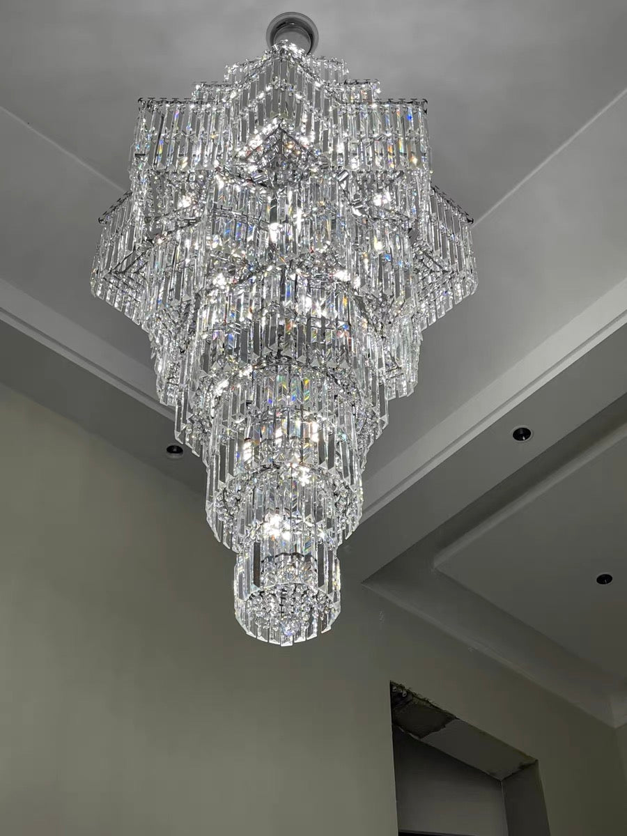 Lampadario di cristallo di lusso a più livelli Plaza extra large per hall di hotel / foyer a 2 piani / soggiorno con soffitto alto