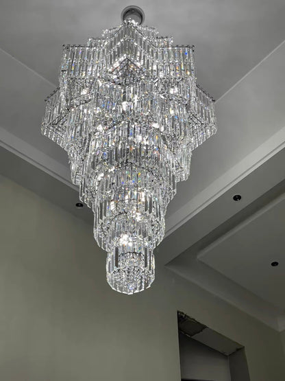 Lampadario di cristallo di lusso a più livelli Plaza extra large per hall di hotel / foyer a 2 piani / soggiorno con soffitto alto