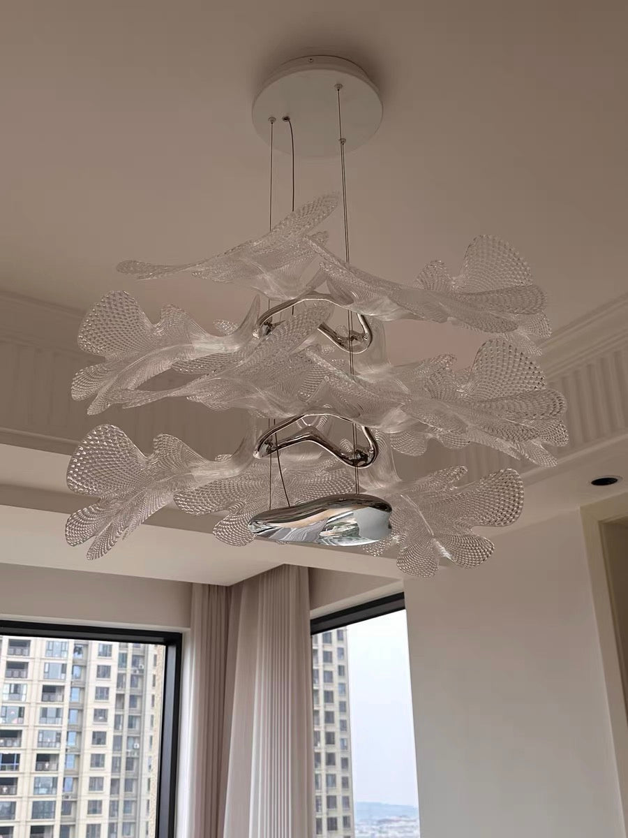 Lustre moderne flottant à 2 niveaux en acrylique avec feuilles