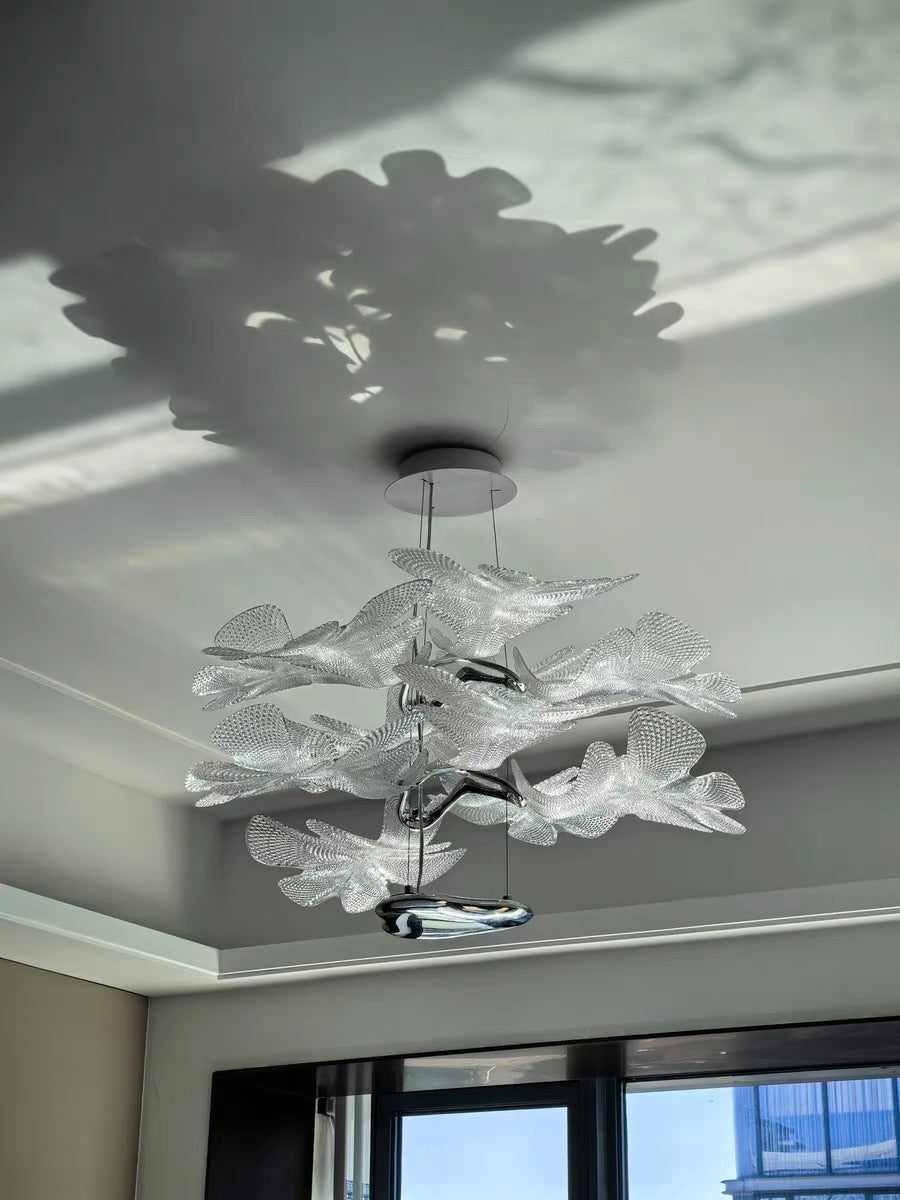 Lustre moderne flottant à 2 niveaux en acrylique avec feuilles