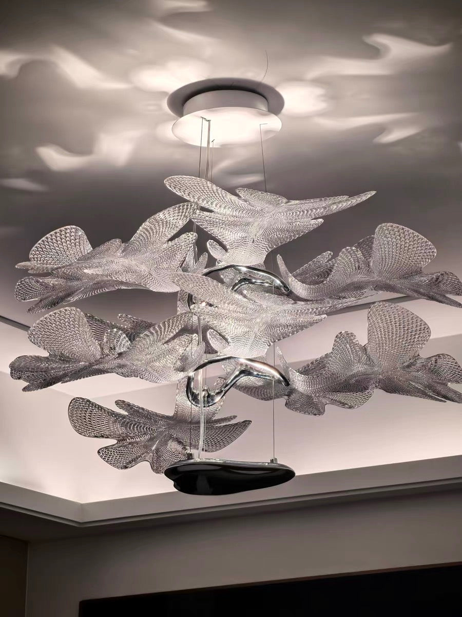 Lustre moderne flottant à 2 niveaux en acrylique avec feuilles