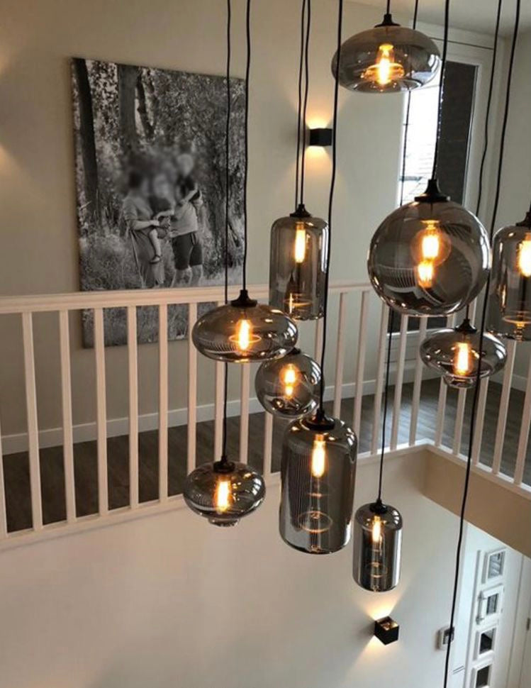 Modern Smoke Gray Glass Pendant Light Fixture Chandelier For 2 Story Foyer/Entryway/Staircase