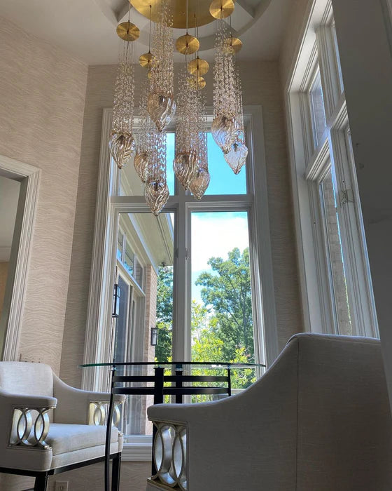 Modern Floating Blown Amber Glass Chandelier for High-ceiling