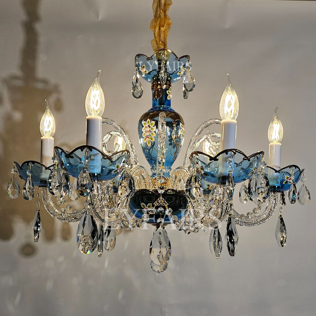 Lampadario di design francese romantico in cristallo blu, lampadario moderno a forma di candela, per camera da letto/soggiorno/sala da pranzo.