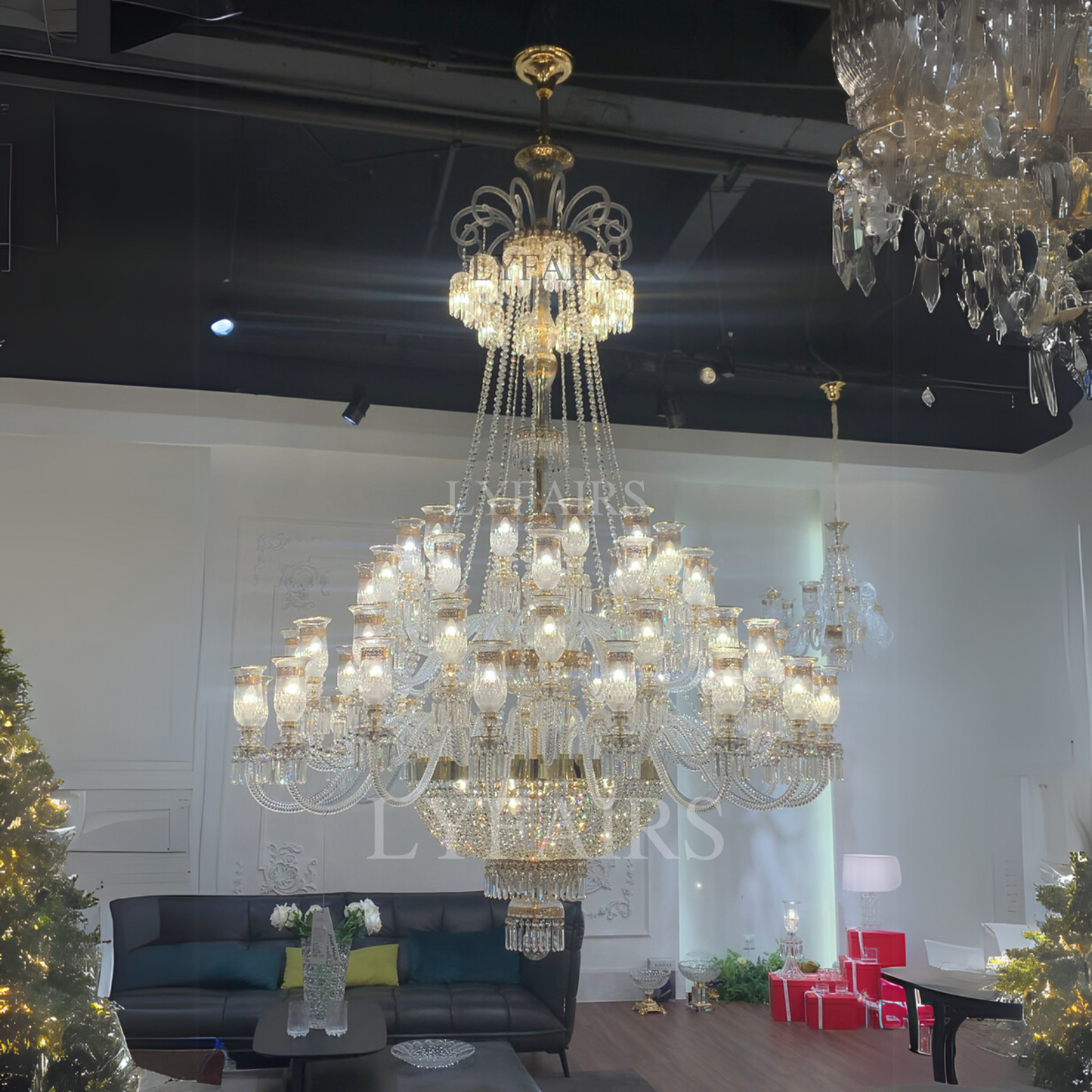 Luxury Golden Symphony Multi-layered 48-Light Crystal Chandelier with Floral Lampshade