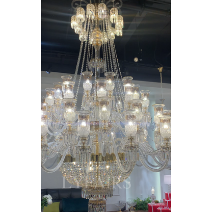 Luxury Golden Symphony Multi-layered 48-Light Crystal Chandelier with Floral Lampshade