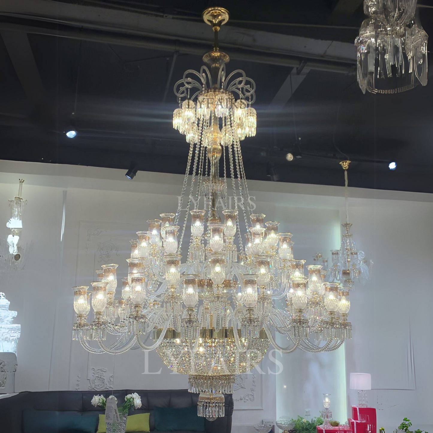 Luxury Golden Symphony Multi-layered 48-Light Crystal Chandelier with Floral Lampshade