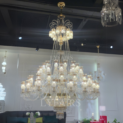 Luxury Golden Symphony Multi-layered 48-Light Crystal Chandelier with Floral Lampshade