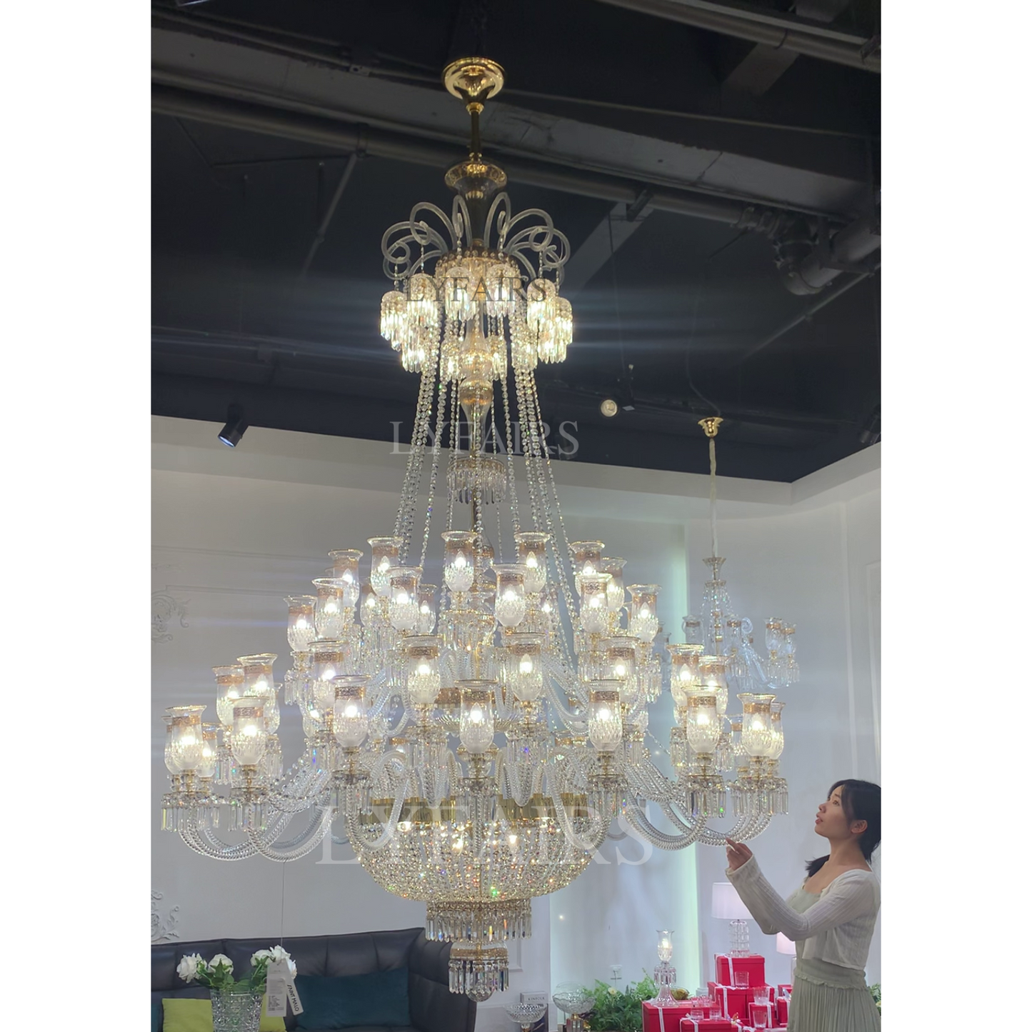 Luxury Golden Symphony Multi-layered 48-Light Crystal Chandelier with Floral Lampshade