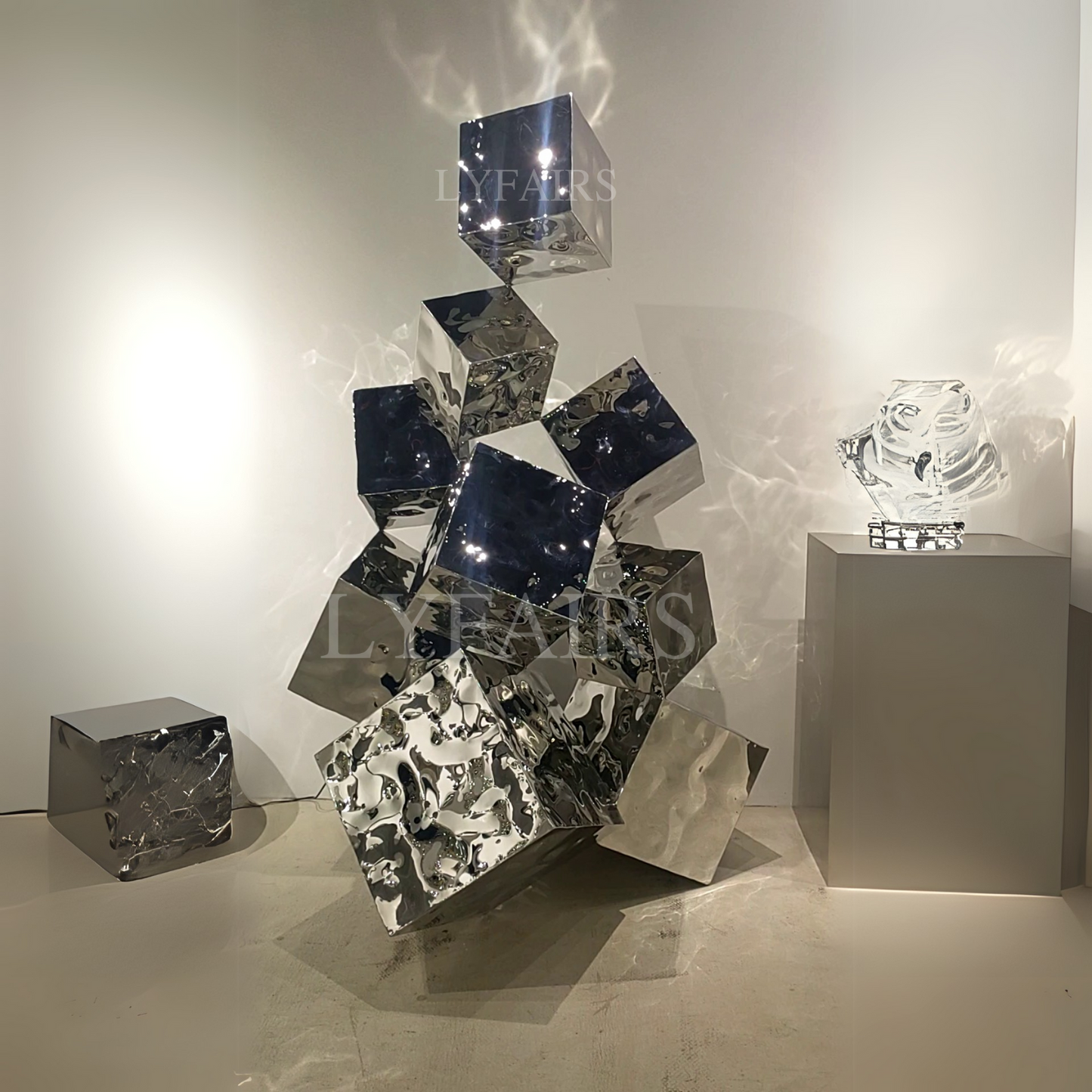 Mirrored Stacked Stainless Steel Cube Art Sculpture