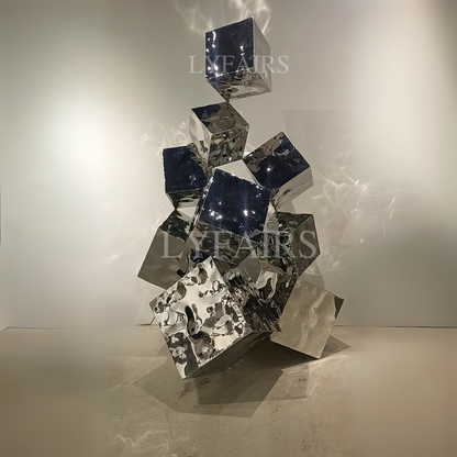 Mirrored Stacked Stainless Steel Cube Art Sculpture