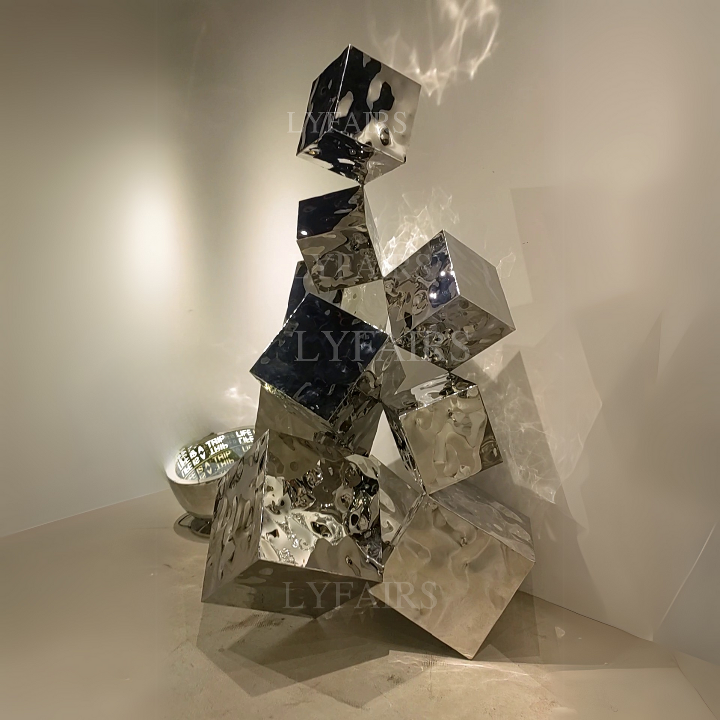 Mirrored Stacked Stainless Steel Cube Art Sculpture