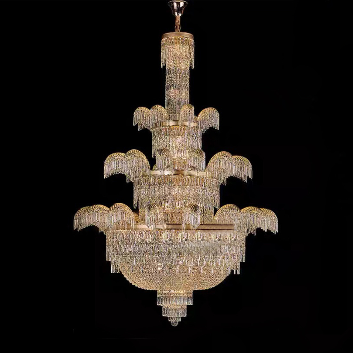 Palatial Golden-Tiered Waterfall-Inspired Crystal Chandelier for High-ceiling